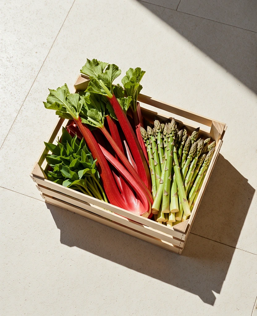 Fresh seasonal produce in a wooden crate